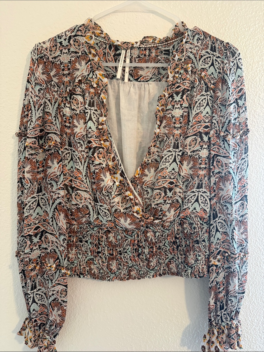Anthropologie Brown & Light Blue Floral V-Neck Smocked Waist Blouse